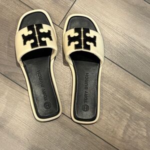 Tory Burch Black and Cream Slide Sandals